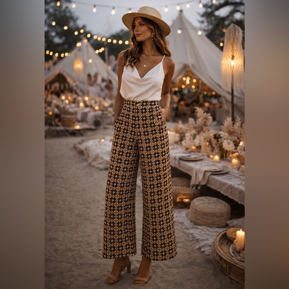 ZARA Printed Wide Leg Pants Geometric Camel & Black Side Zip Size M Boho - Picture 3 of 15